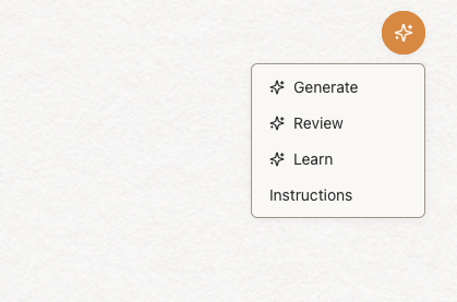 Editor showing sparkle menu with options: Continue writing, Develop this idea, Add example, Rework section
